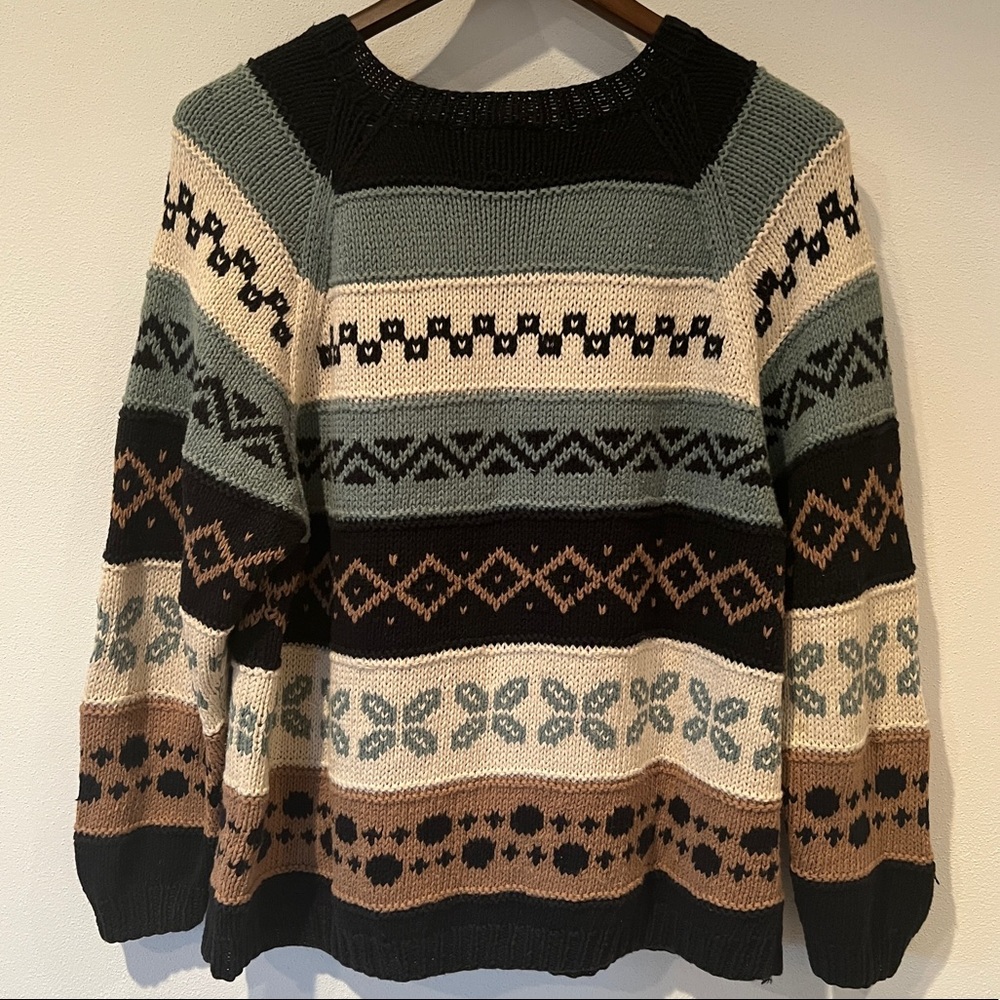 Neutral Chunky Knit Patterned Striped Holiday Swe… - image 3